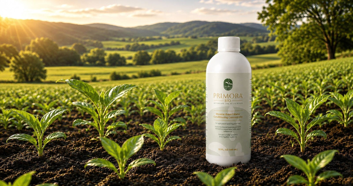 A 32 fl oz bottle of Primora Bio standing in dark tilled soil between rows of young seedlings, farmland and low hills behind it at sunrise.