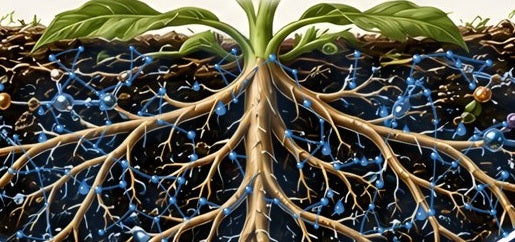 A seedling above ground, its roots spreading through dark soil threaded with a network of water films.