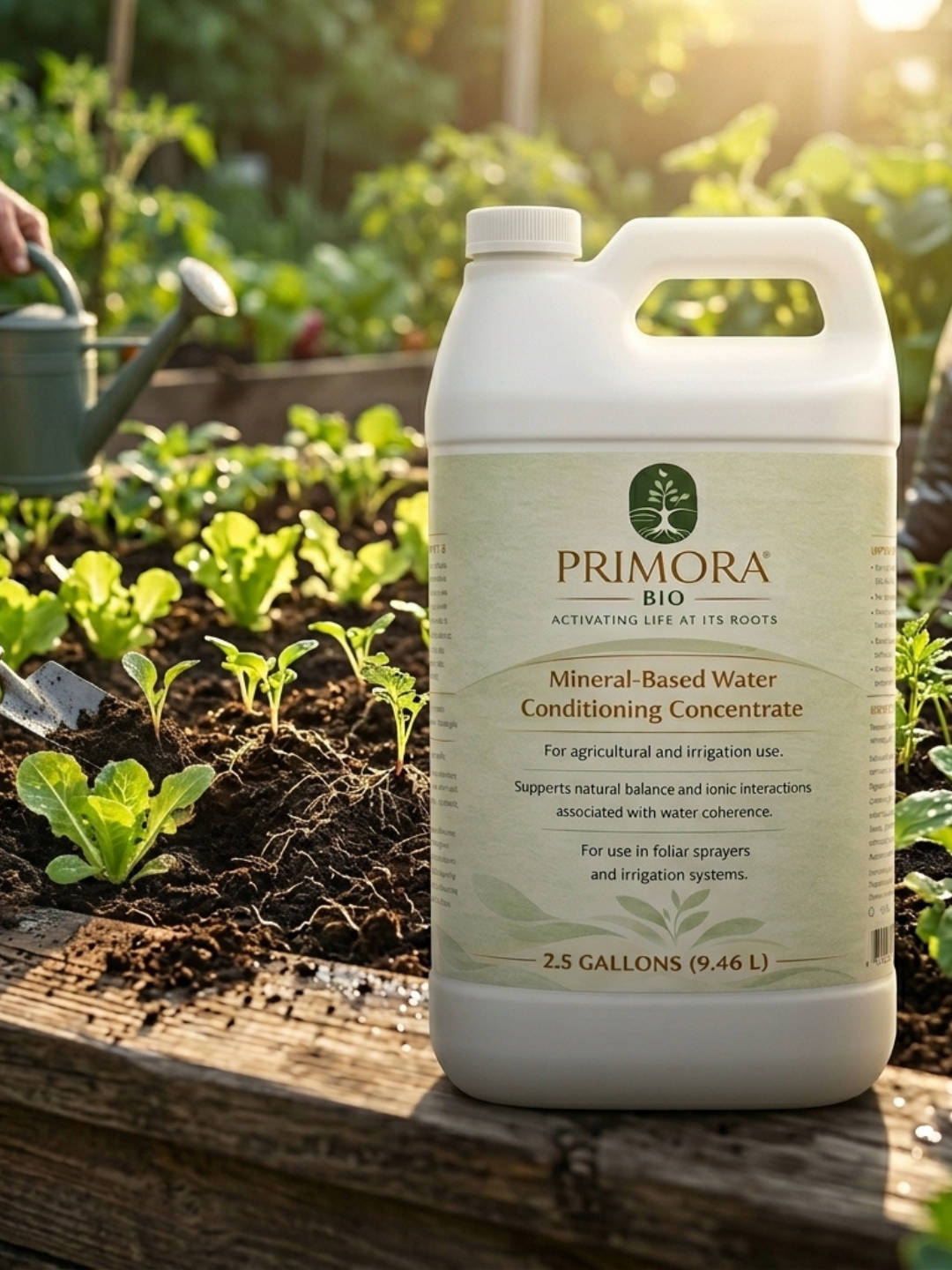 A bottle of Primora Bio concentrate standing on tilled soil.