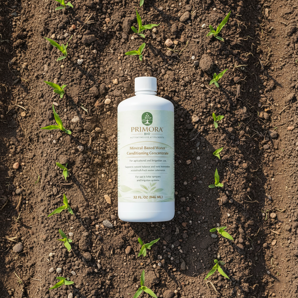 A 32 fl oz bottle of Primora Bio lying on dark tilled soil between rows of young seedlings, seen from above.