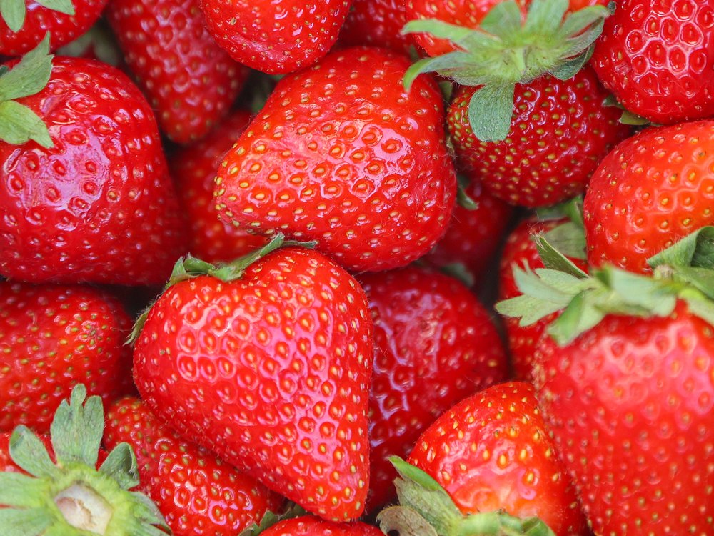 A crate of deep red ripe strawberries filling the frame.