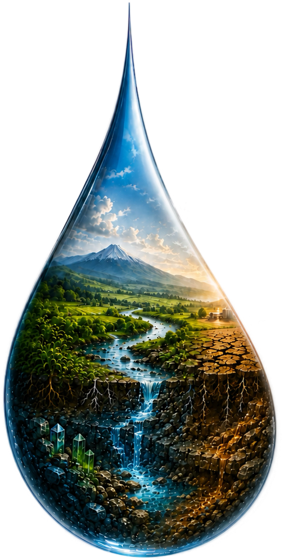 A single drop of water containing a living landscape above and mineral-bearing rock below.