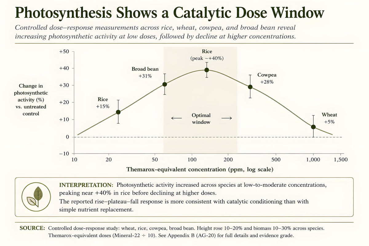 Controlled dose-response study showing photosynthetic activity peaking near plus 40 percent