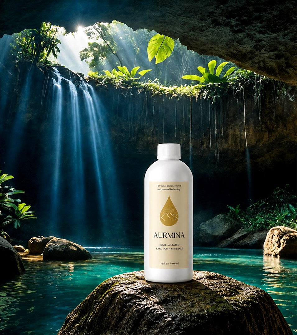 A bottle of Aurmina standing on a mossy rock beside a turquoise pool in a grotto, light falling through from above.