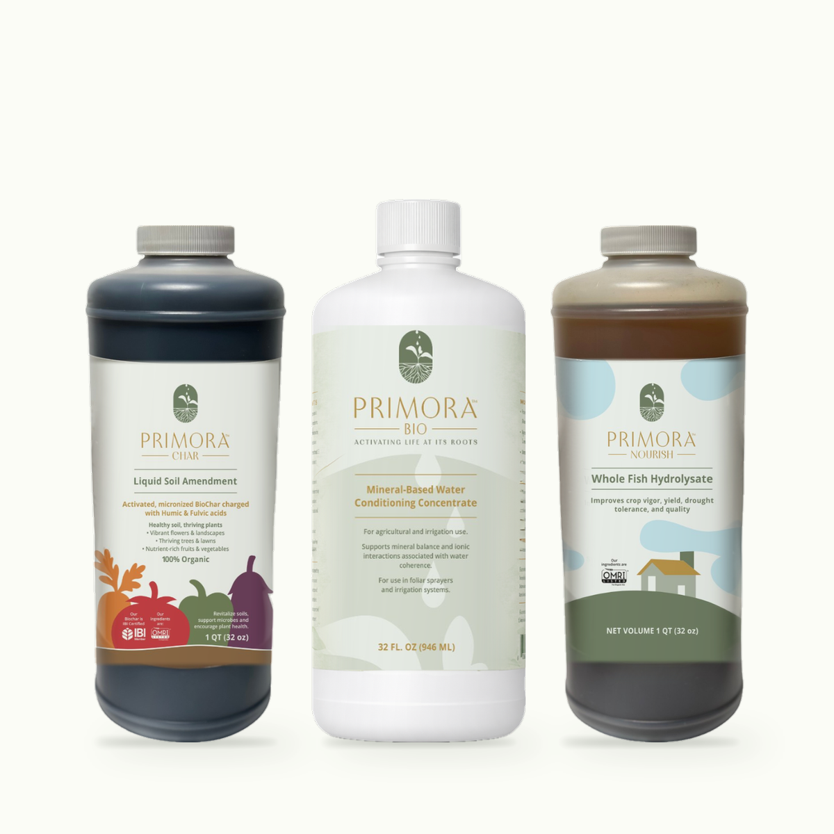 Bottles of Primora Char and Primora Nourish on dark soil.