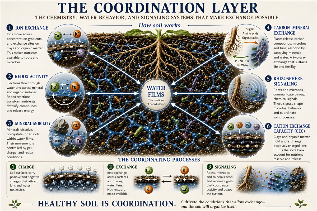 The Coordination Layer: a soil cross-section with six numbered processes, ion exchange, redox activity, mineral mobility, carbon-mineral exchange, rhizosphere signalling and cation exchange capacity, all converging on a central hub labelled Water Films, the medium of coordination.